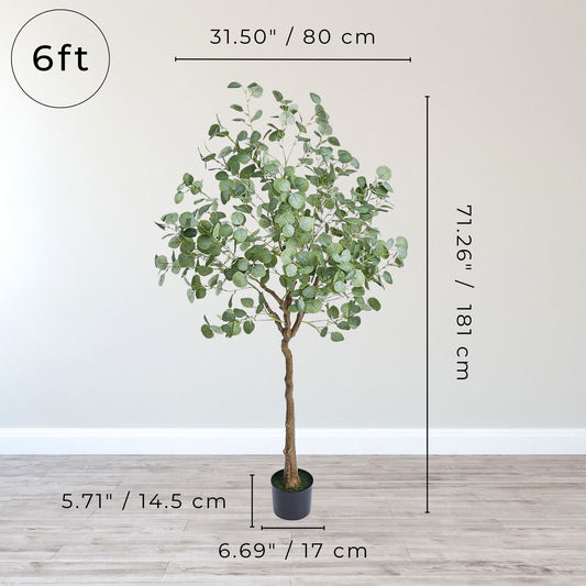 A 6ft tall artificial eucalyptus plant in a pot with dense, realistically textured leaves