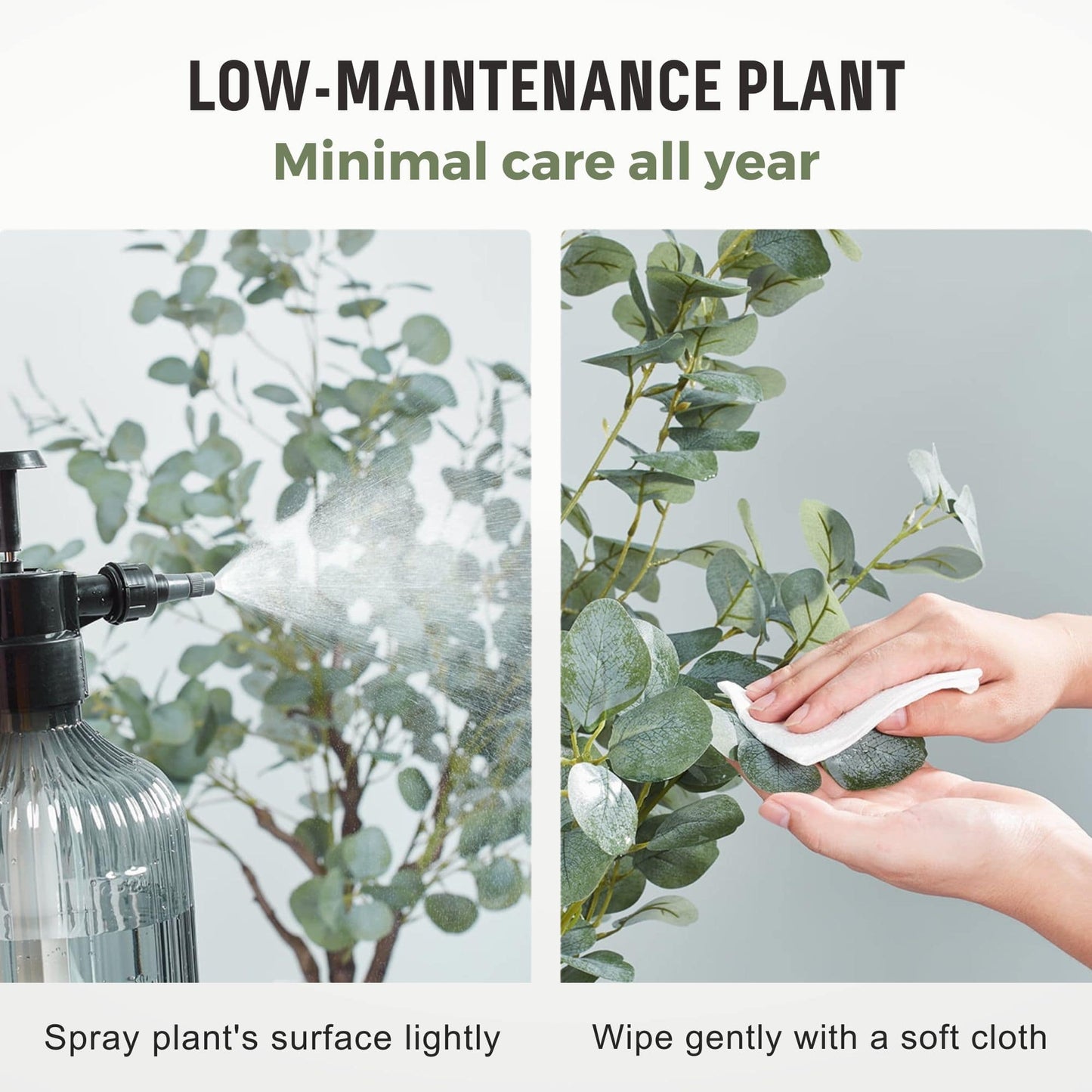 Illustrating the minimal care needed for the artificial eucalyptus tree, perfect for busy lifestyles