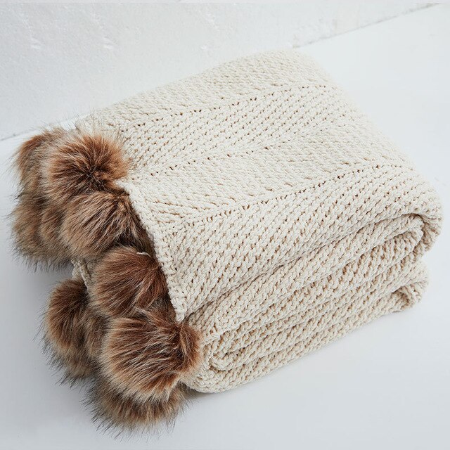 Chenille Knitted Throw Blanket with Pom Poms Chenille Knitted Throw Blanket with Pom Poms Decluttered Homes