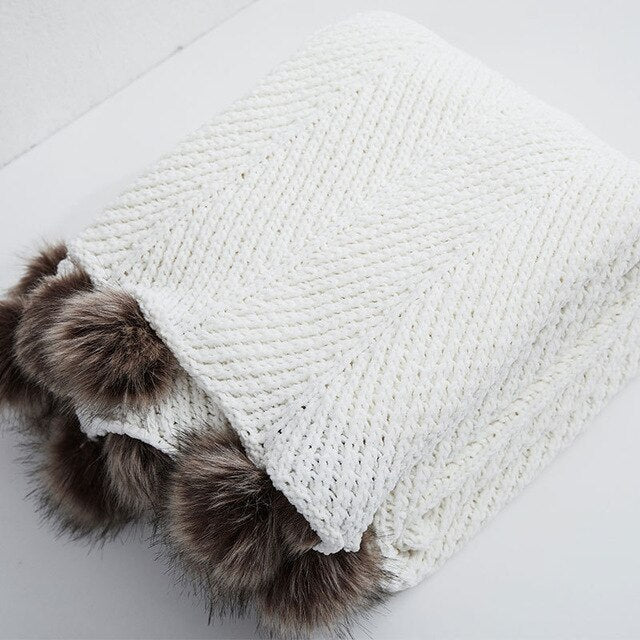 Chenille Knitted Throw Blanket with Pom Poms Chenille Knitted Throw Blanket with Pom Poms Decluttered Homes