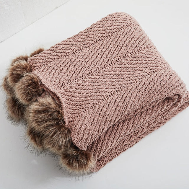 Chenille Knitted Throw Blanket with Pom Poms Chenille Knitted Throw Blanket with Pom Poms Decluttered Homes