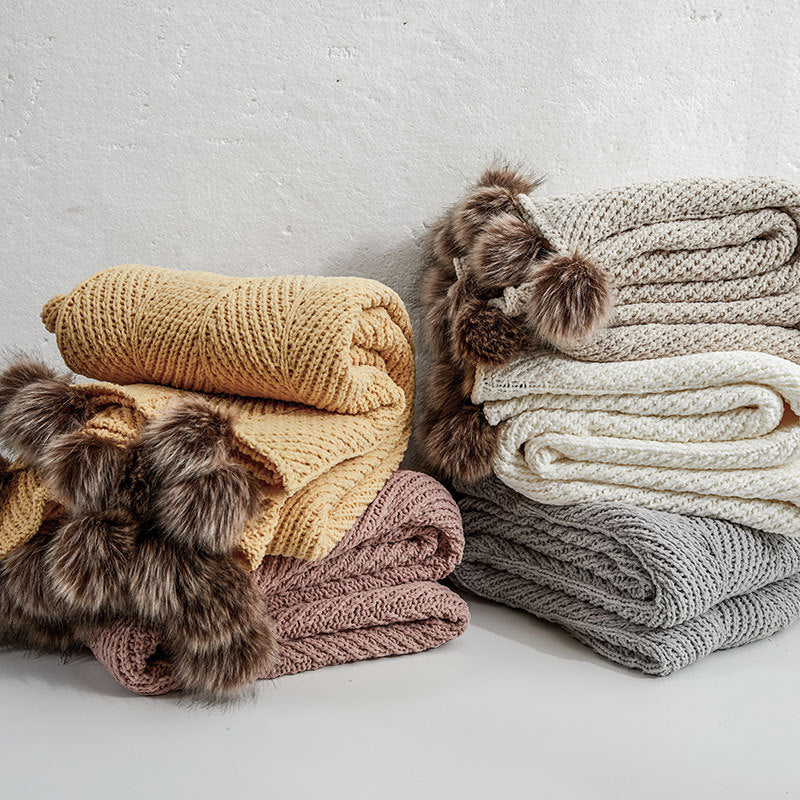 Chenille Knitted Throw Blanket with Pom Poms Chenille Knitted Throw Blanket with Pom Poms Decluttered Homes