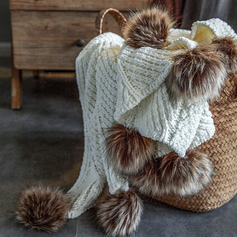 Chenille Knitted Throw Blanket with Pom Poms