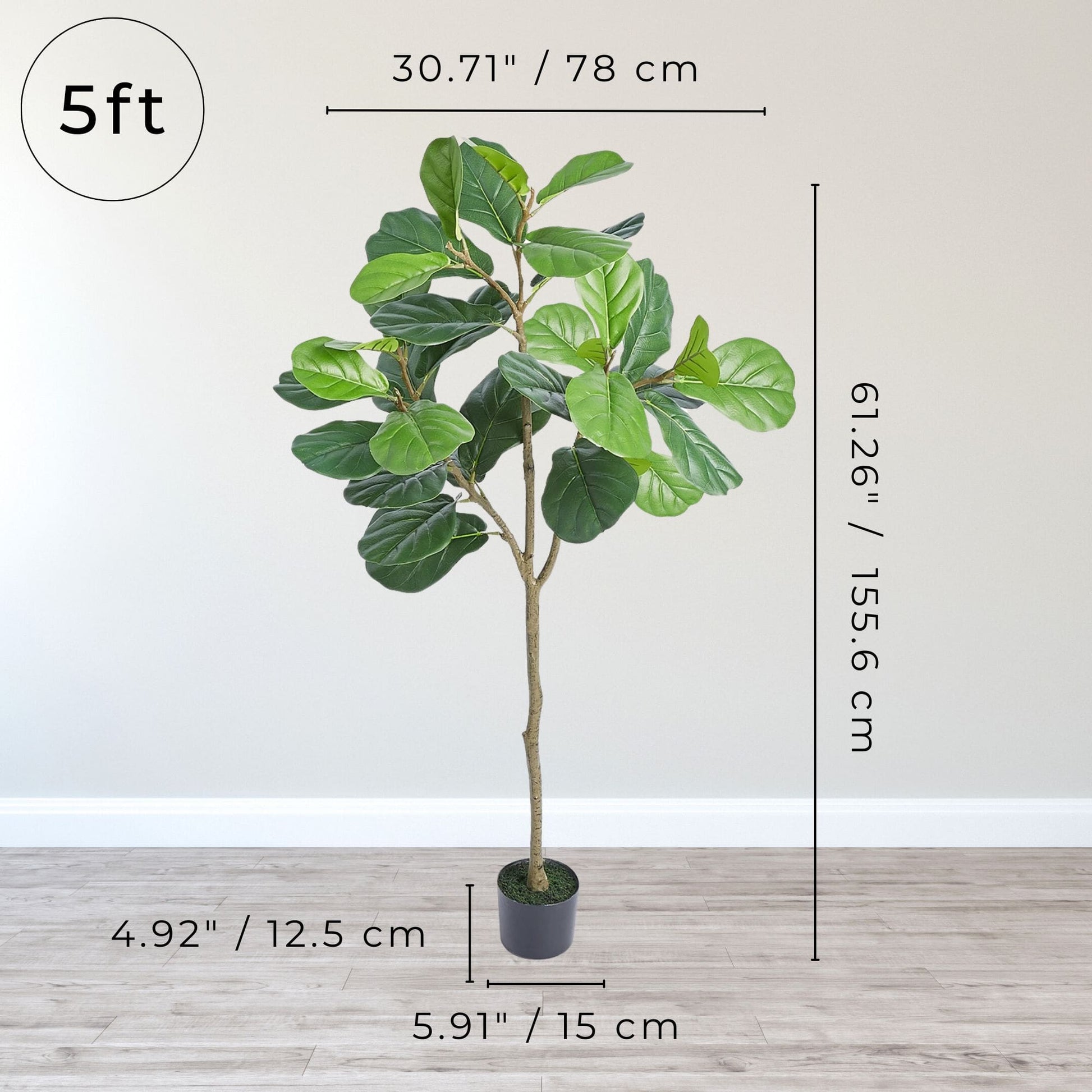 A 5ft artificial Fiddle Leaf Fig plant with accurate size representation for home decoration