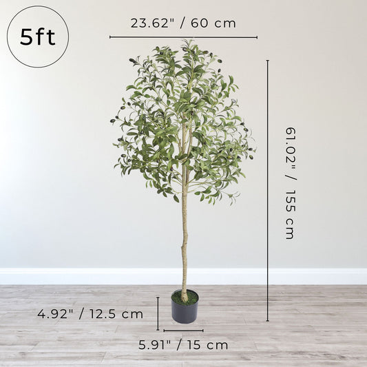 Five-foot artificial olive tree dimensions detailed for home decor suitability