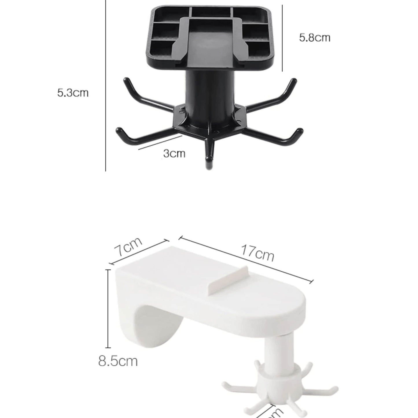 An adjustable black plastic hook with multiple prongs and dimension labels for kitchen utensils