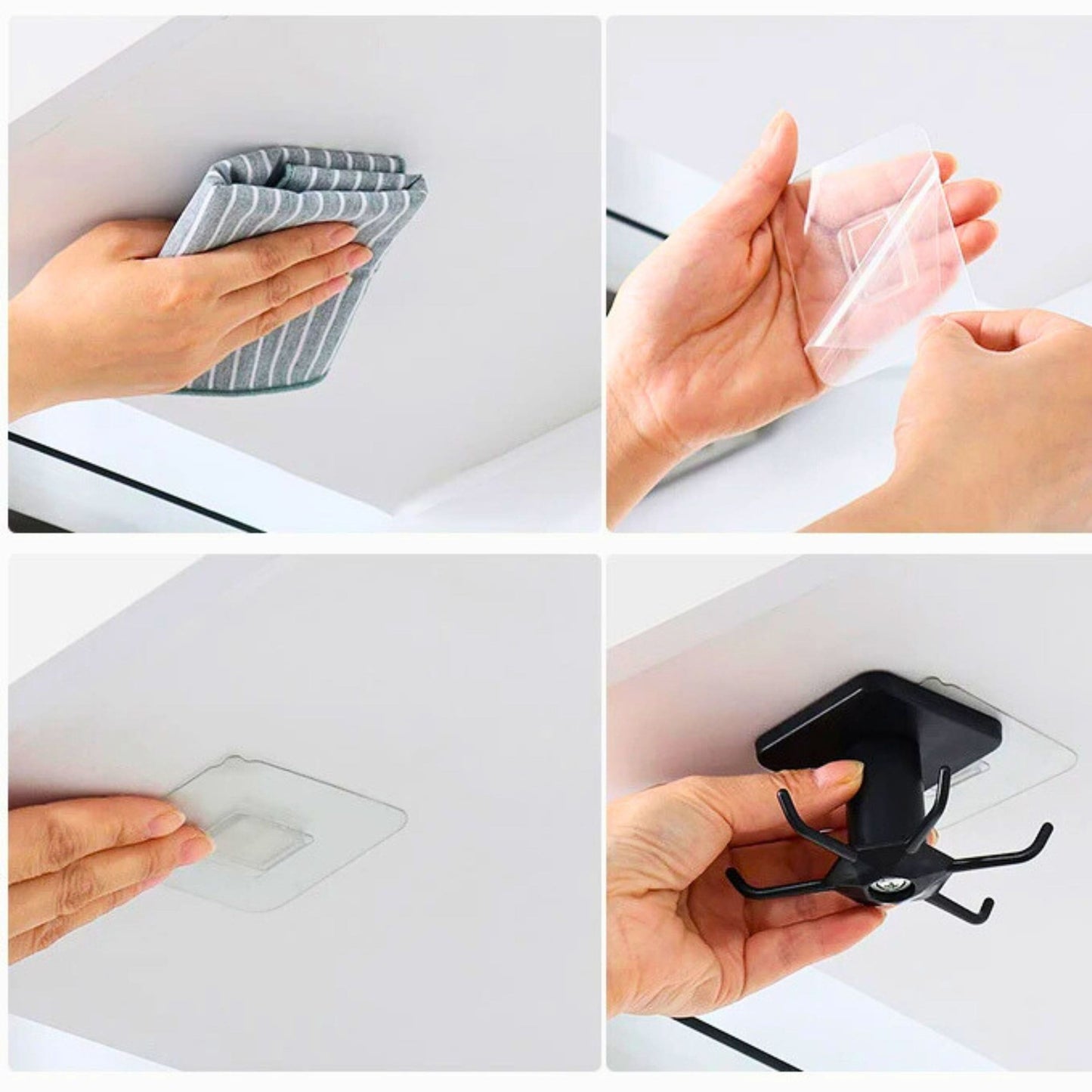 Step-by-step visuals of the installation process for an adhesive wall hook on a white surface
