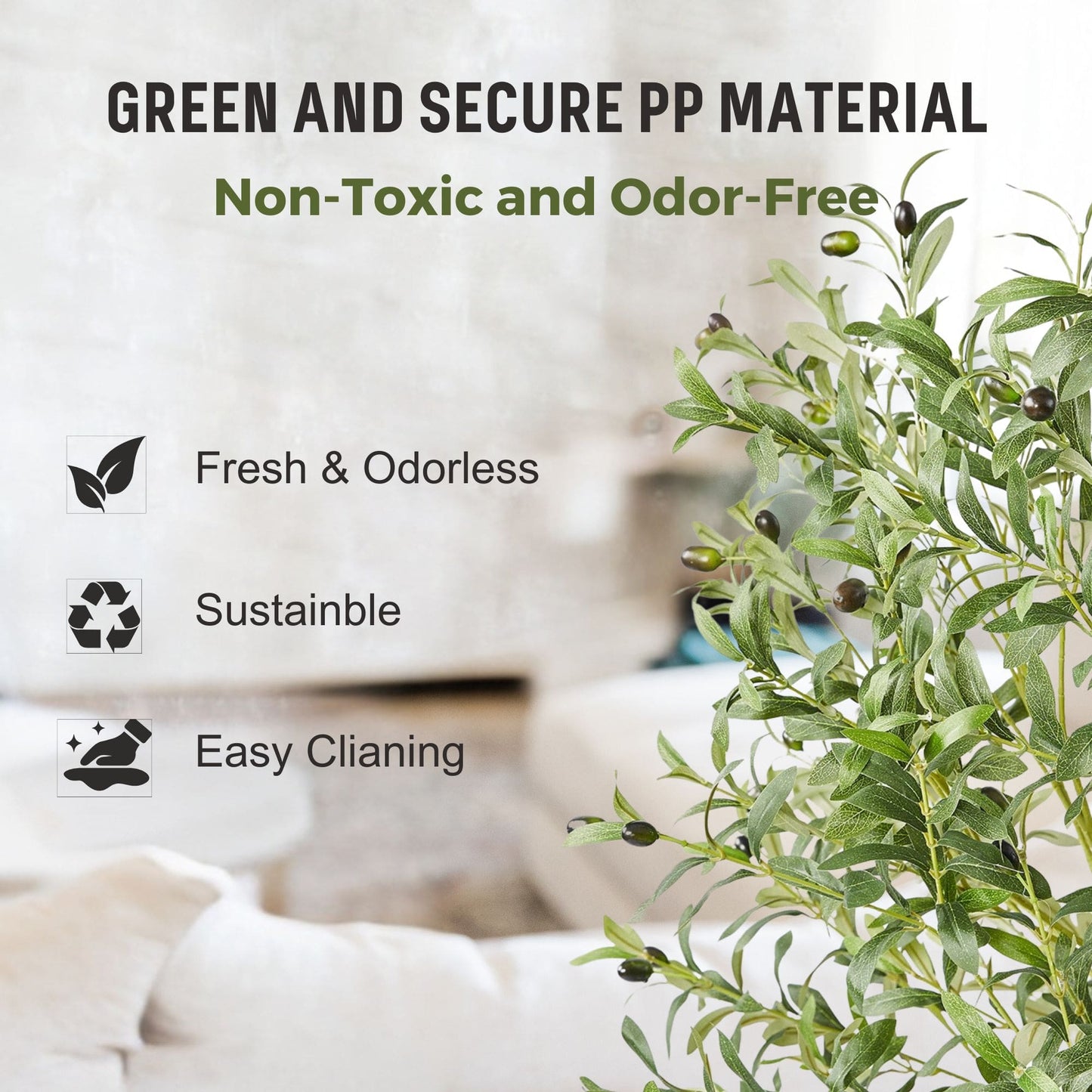 Features of artificial olive tree showing green and secure PP material, non-toxic and odor-free