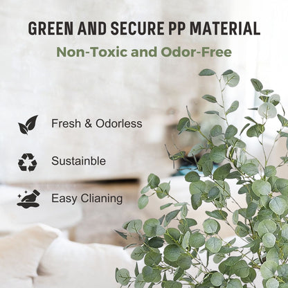 Green and secure PP material shown on a faux eucalyptus tree, highlighting its fresh, odorless, and sustainable features