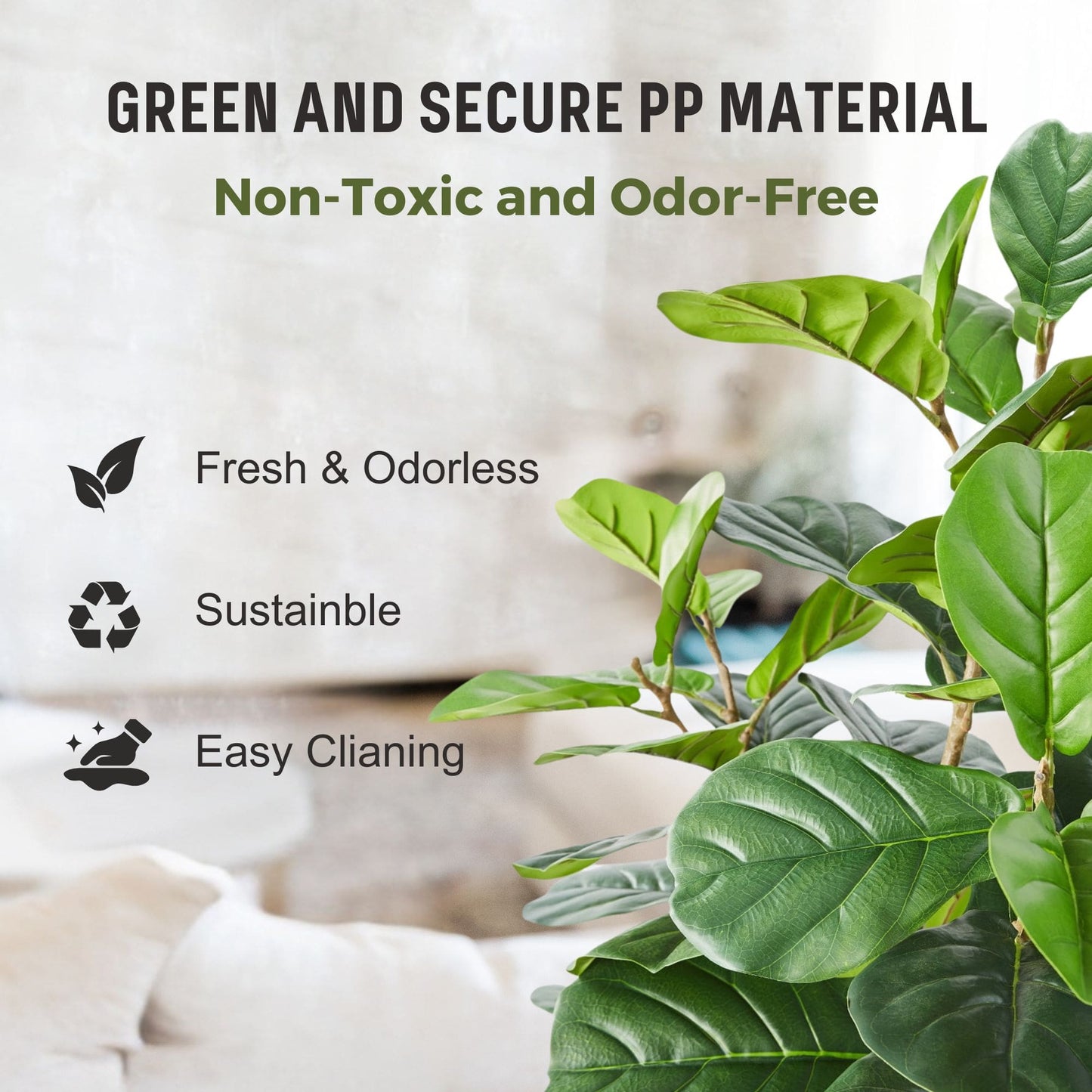 Green and secure PP material used in non-toxic and odor-free artificial Fiddle Leaf Fig plant