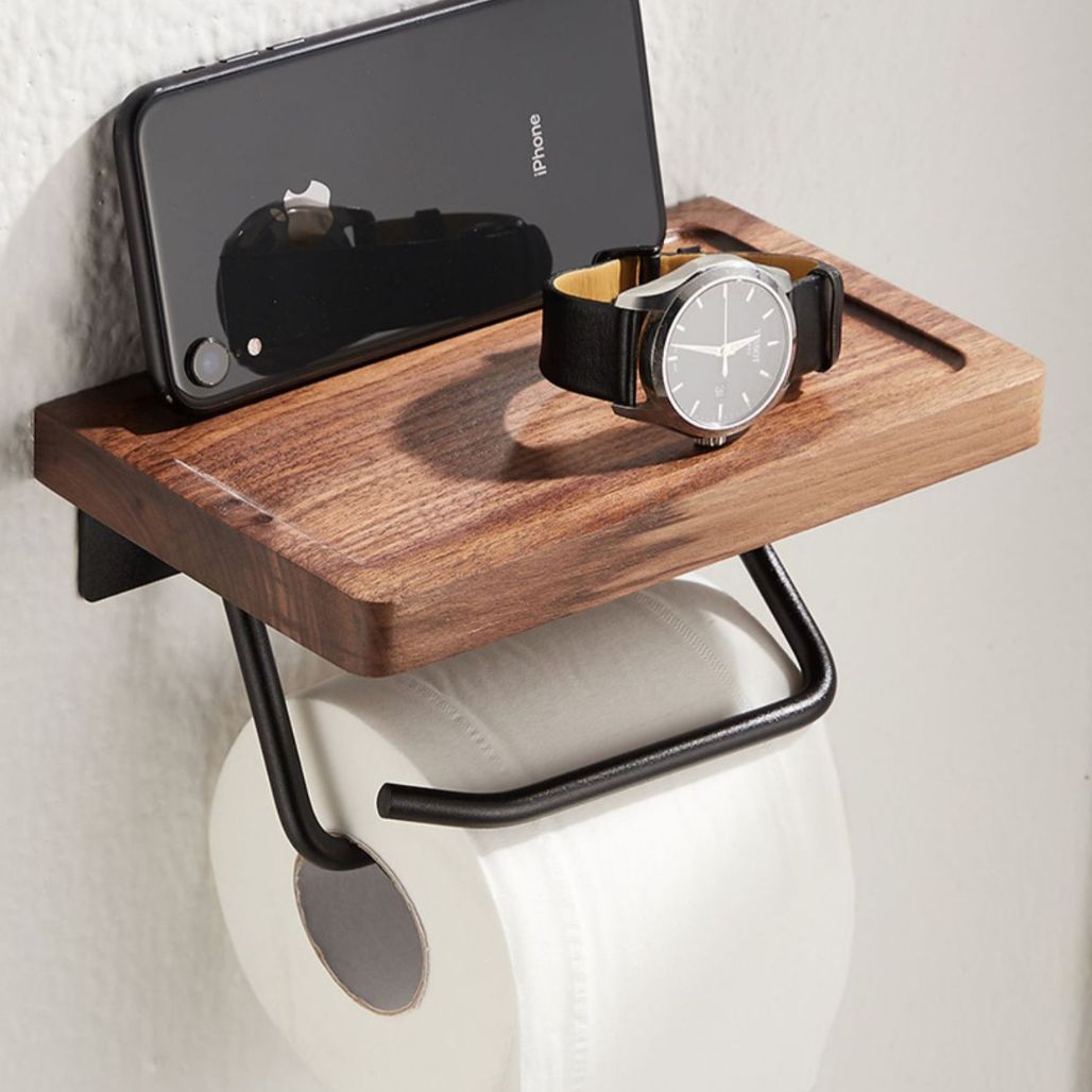 Wood Toilet Paper Holder with Phone Shelf Toilet Paper Holder Decluttered Homes