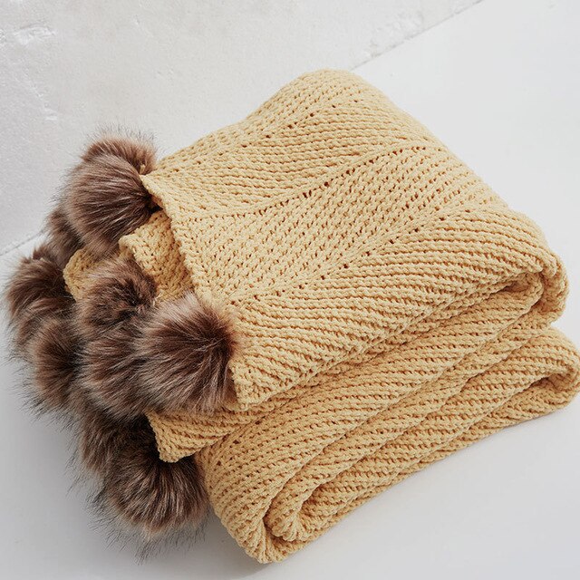 Chenille Knitted Throw Blanket with Pom Poms