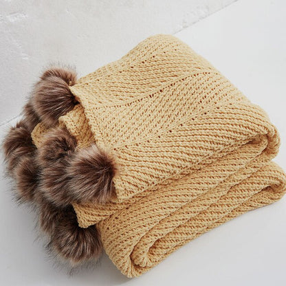 Chenille Knitted Throw Blanket with Pom Poms Chenille Knitted Throw Blanket with Pom Poms Decluttered Homes